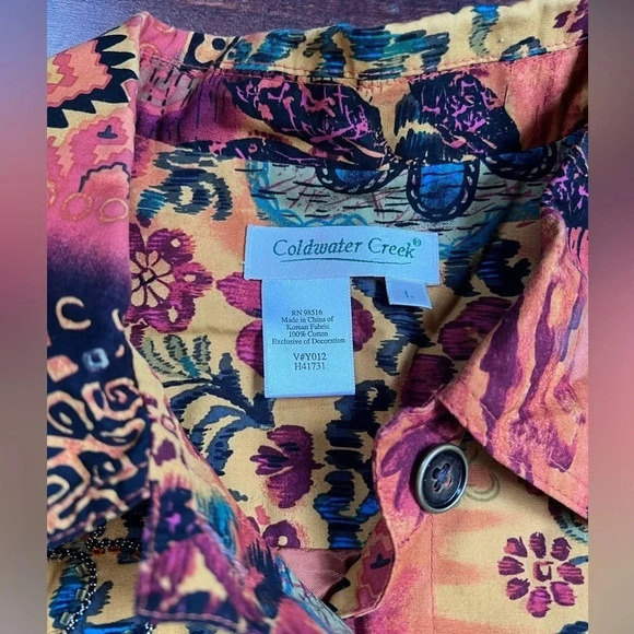 Coldwater Creek Shirt Top Womens Lg Multicolor Button Up Decorative EUC Travel - Picture 4 of 5